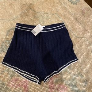H&M womens small knit navy blue ribbed shorts white stripe elastic waist
